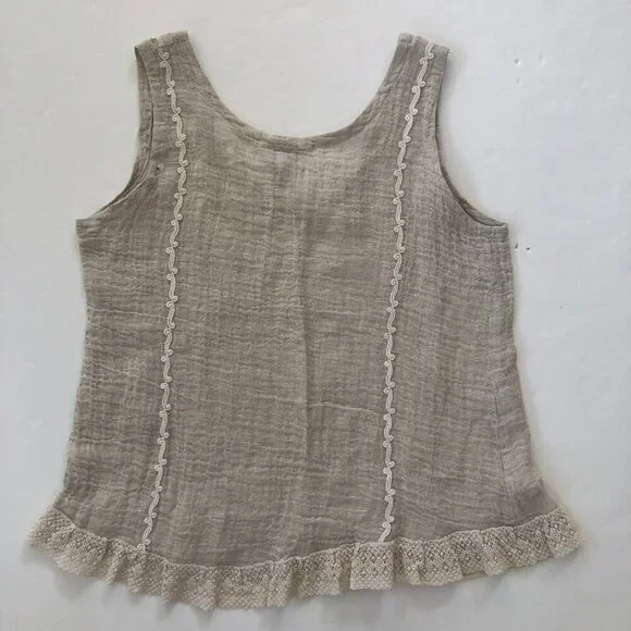Vintage 90s Lace Linen Blouse Tank Top Large - Picture 4 of 6